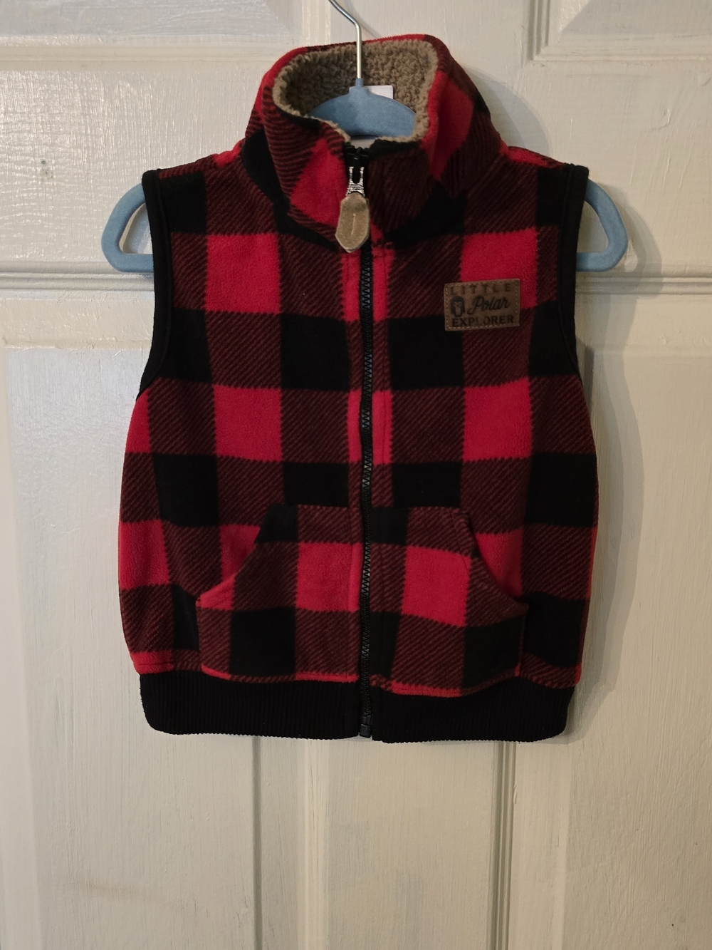 Carter's Red and Black Buffalo Plaid Fleece Vest with Tan Sherpa Collar